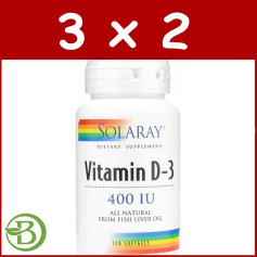 Pacote 3x2 Vitamina D3 400UI 120 Pérolas Solaray